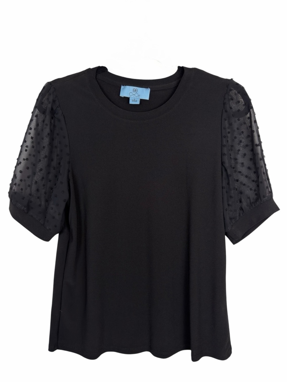 CeCe NWOT Women’s Black Short Sleeve Blouse Sheer Clip Dot Puff Sleeves SZ Small